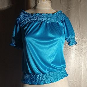 Vintage 90s Blue Satin Shirred/smocked Poof Sleeved Peasant Top. Shirt has elast